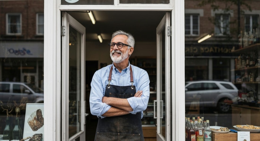 A shop owner standing proudly in the doorway of his storefront