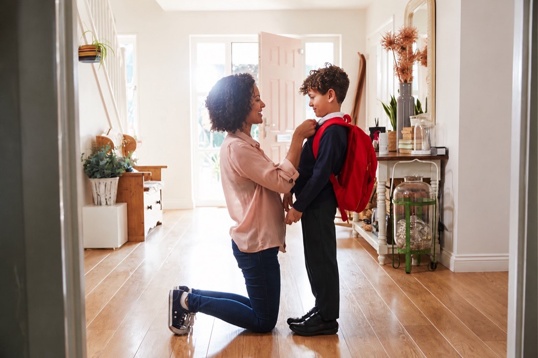 A mother kneeling in the hallway, getting her son ready for school