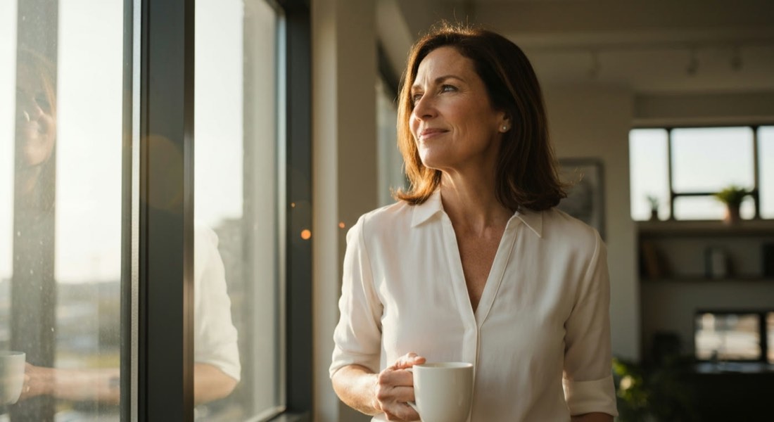 A woman looking out a sunlit window, coffee in hand